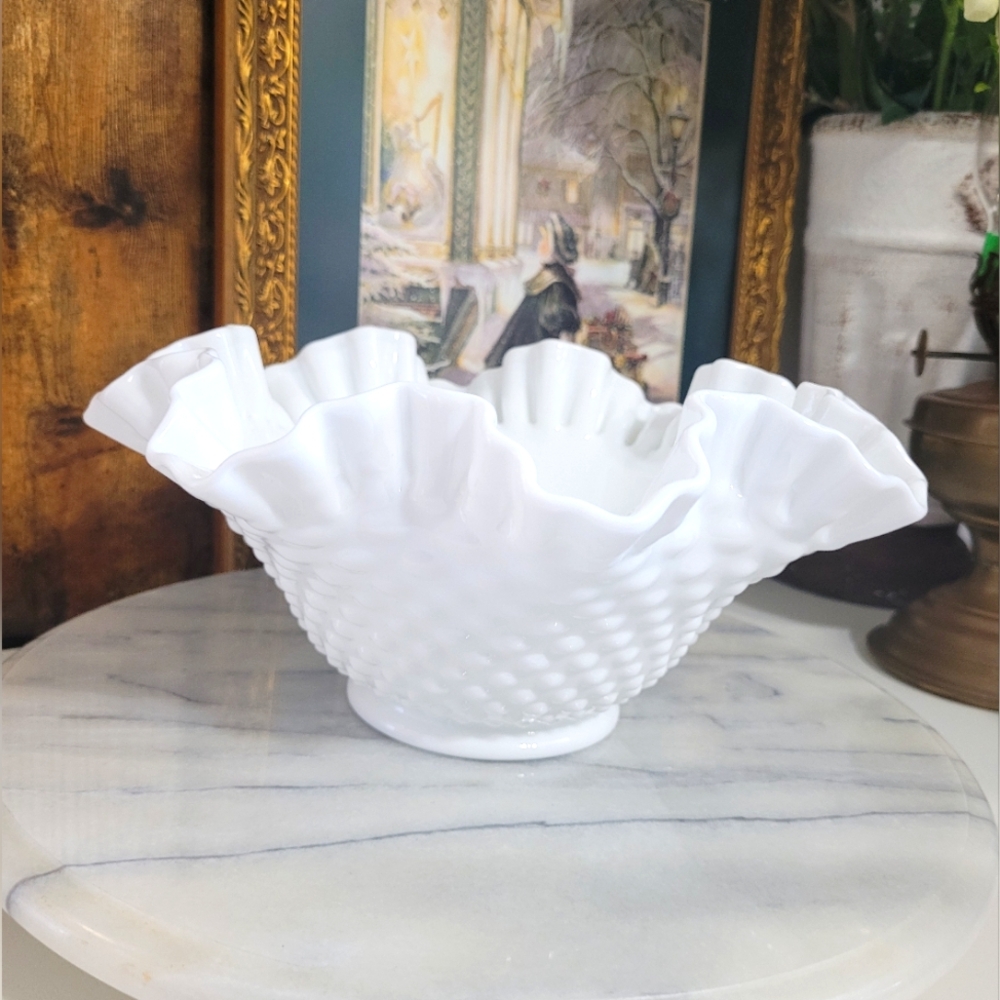 Vintage Fenton White Milk Hobnail Glass Bowl